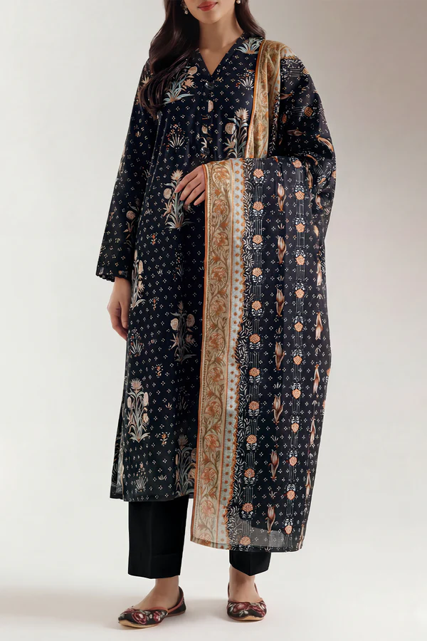 Unstitched Printed Self Strip Lawn 3 Piece