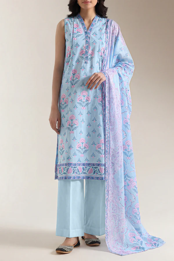 Unstitched Printed Self Strip Lawn 3 Piece